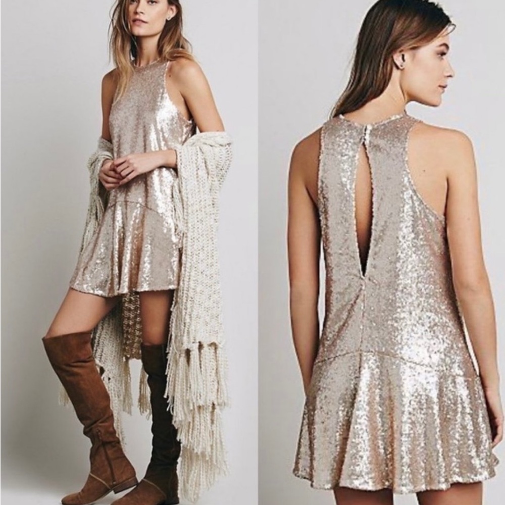 Free People Sequin Dress in Silver and Cream